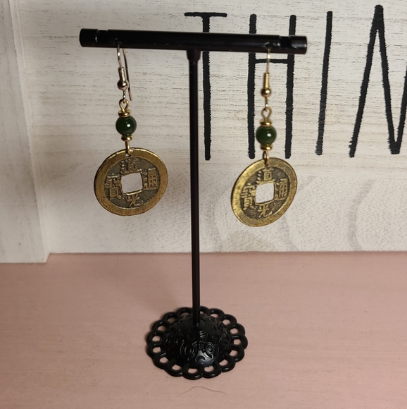 Asian Coin Earrings with Green Jade Bead - Picture 1 of 3